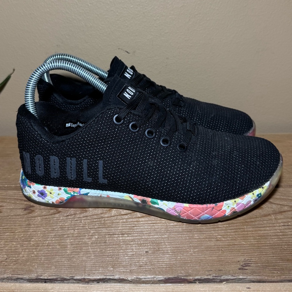 Nobull Women’s Black Knit Trainer with Multi Floral Sole